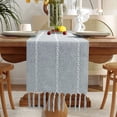 thumbnail image 1 of Caminos de mesa bohemios, borlas de lino y algodón bordadas, decoración de mesa para ocasiones multiusos, camino de mesa de estilo rústico de granja fácil de cuidar, azul polvoriento, 33 x 183 cm, 1 of 5
