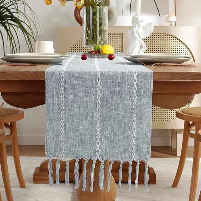 Caminos de mesa bohemios, borlas de lino y algodón bordadas, decoración de mesa para ocasiones multiusos, camino de mesa de estilo rústico de granja fácil de cuidar, azul polvoriento, 33 x 183 cm