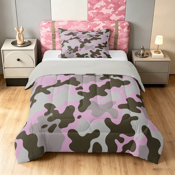 Manfei Minimalism Camouflage Twin Comforter Sets, Contemporary Art Camo Bedding Set, Gray Pink, Gray Reversible, 2-Piece, 1 Comforter and 1 Pillowcase