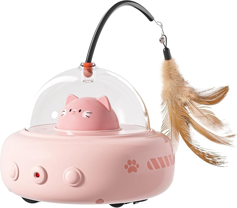 Laser Cat Toy for Indoor Cats,2 in 1 UFO-Vehicle Automatic Motion with Feather,Rechargeable Electronic Smart Sensor,Interactive Toys for Bored Cats/Kittens/Dogs,Ideal Gift for Pet Lover