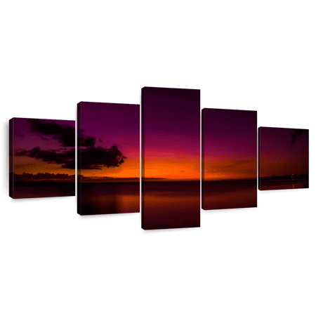 Elephant Stock Sunset In Pacific Beach Wall Art - Horizontal Multi Panel Canvas - Living Room Wall Decor - Beach Multi Panel - Black And Orange Decor - 55" x 24"