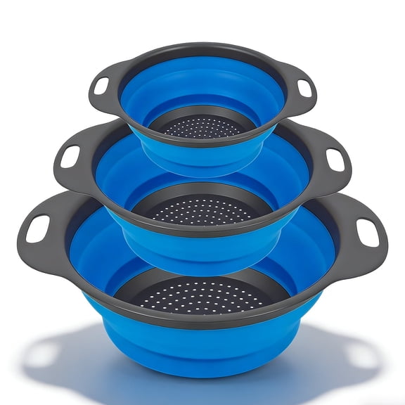 Collapsible Colander 3-Pack Set, Foldable Kitchen Strainer with Non-Slip Base, Thickened PP TPE Space-Saving Strainer for Pasta, Vegetables, Fruits