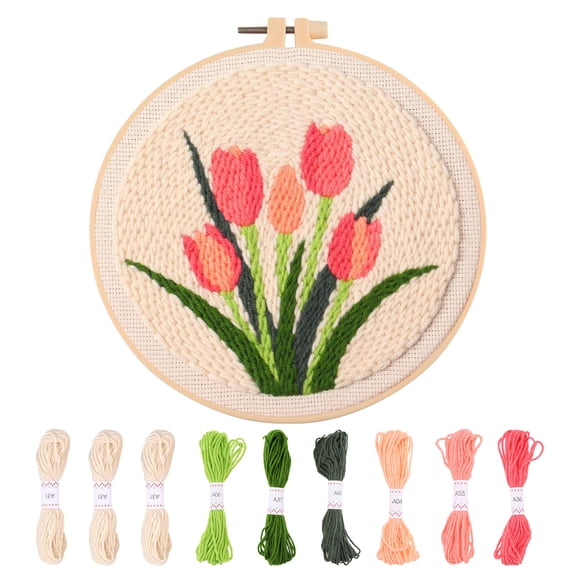 Floral Embroidery Kit for Beginners, Easy Needlepoint Kits for Adults Include Pattern, Hoops, Instructions, Threads and Fabric, Craft Starter Punch Needle Cross Stitch (Tulip)