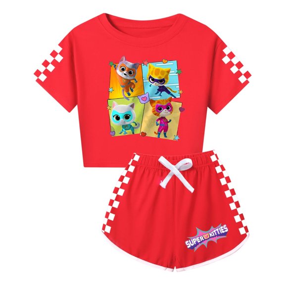 Kids SuperKitties Clothing Set – Girls Short Sleeve T-Shirt and Shorts – Cute Cartoon Cat Summer Look