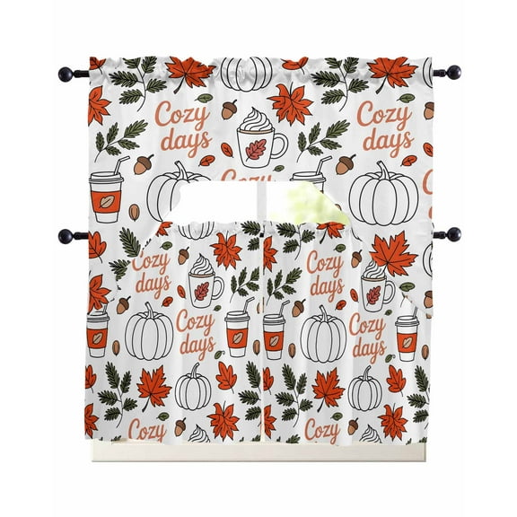 Thanksgiving Kitchen Curtains Sets 36 Inch Length with Valance, Fall Retro Cartoon Pumpkins Leaves Watercolor Swag Valances and Tiers Curtain Set Drapes Swag Curtains for Living Room, Bathroom