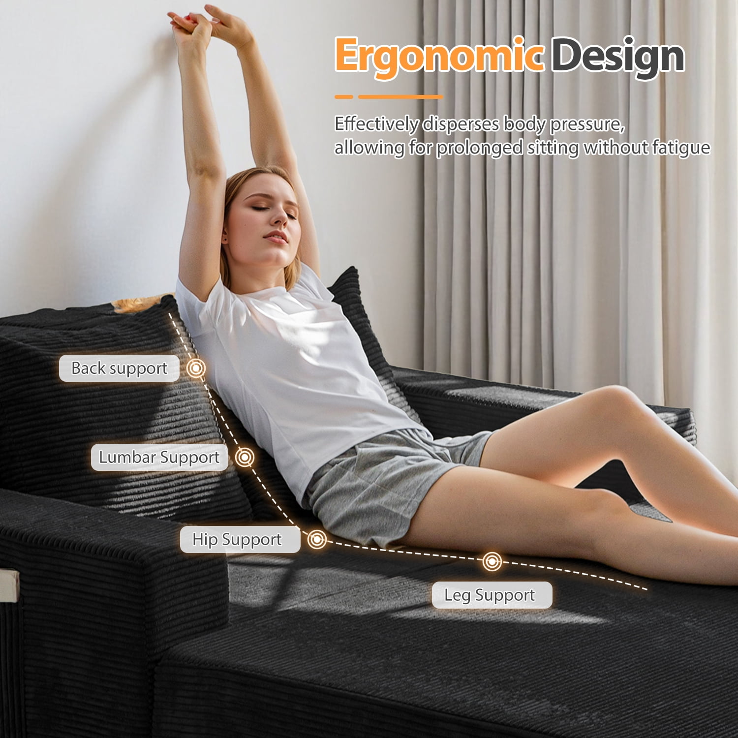 BYBYME Convertible Sofa Bed,Folding Lounger 4-in-1 Boneless Sofa with 2 Pillows and Cup Holder,Floor Sofa for Small Spaces Such as Living Rooms,No Assembly Required,Loveseat,Black