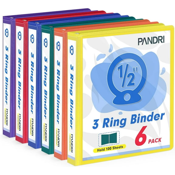 3 Ring Binder 0.5 Inch, 6 Pack 1/2-Inch Binder Fits Letter Size 8.5'' x 11'' Paper, Versatile Binders for Office Home School, 2 Pockets, Assorted 6 Color