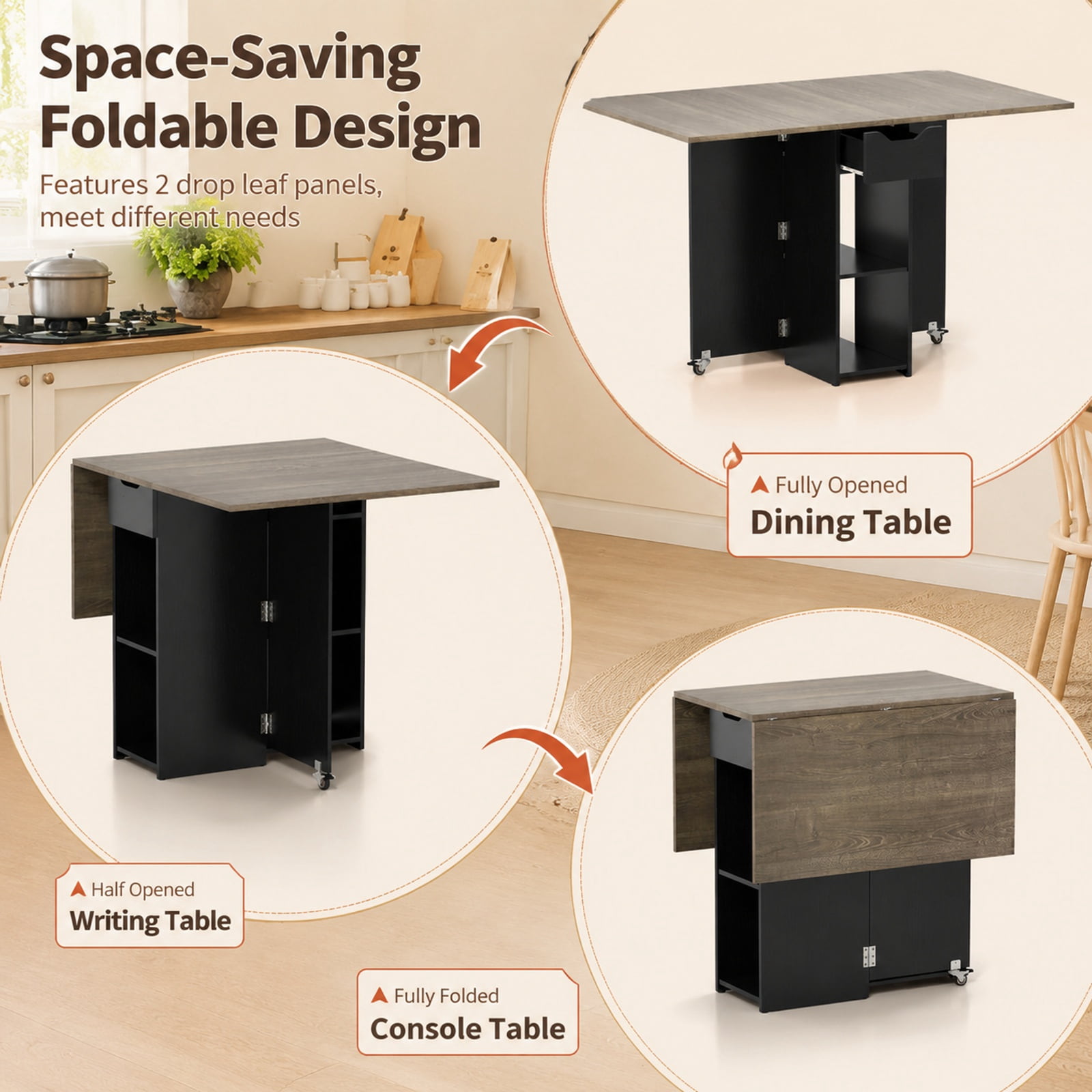 Furnibear 47.5 Inch Farmhouse Extendable Drop Leaf Dining Table with Storage Drawer Shelves and Lockable Wheels for Small Spaces, Rustic Brown