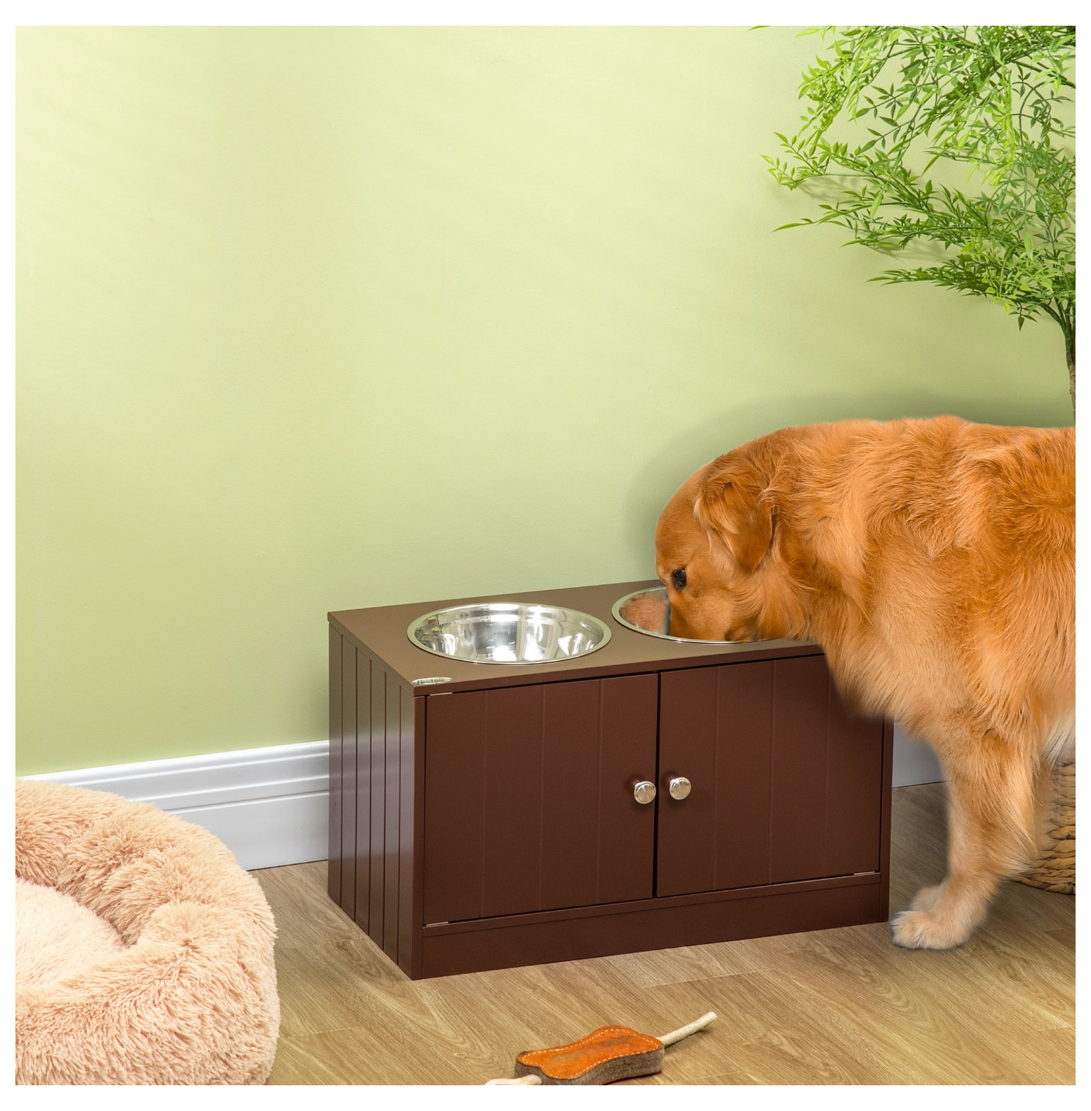 Raised Dog Bowls with Storage, Dog Bowl Stand with Cabinet, Stainless Steel Pet Feeder, Elevated Dog Food Bowl Station for Large Dogs, Brown