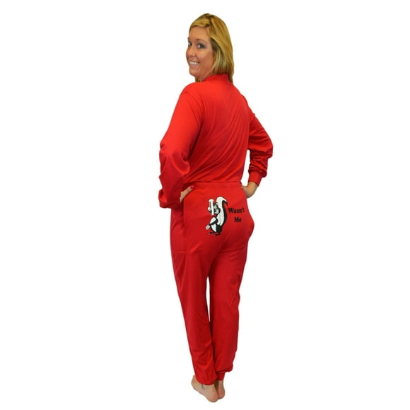Red Union Suit Sleeper Pajamas with Funny Rear Flap "Wasn't Me" Skunk