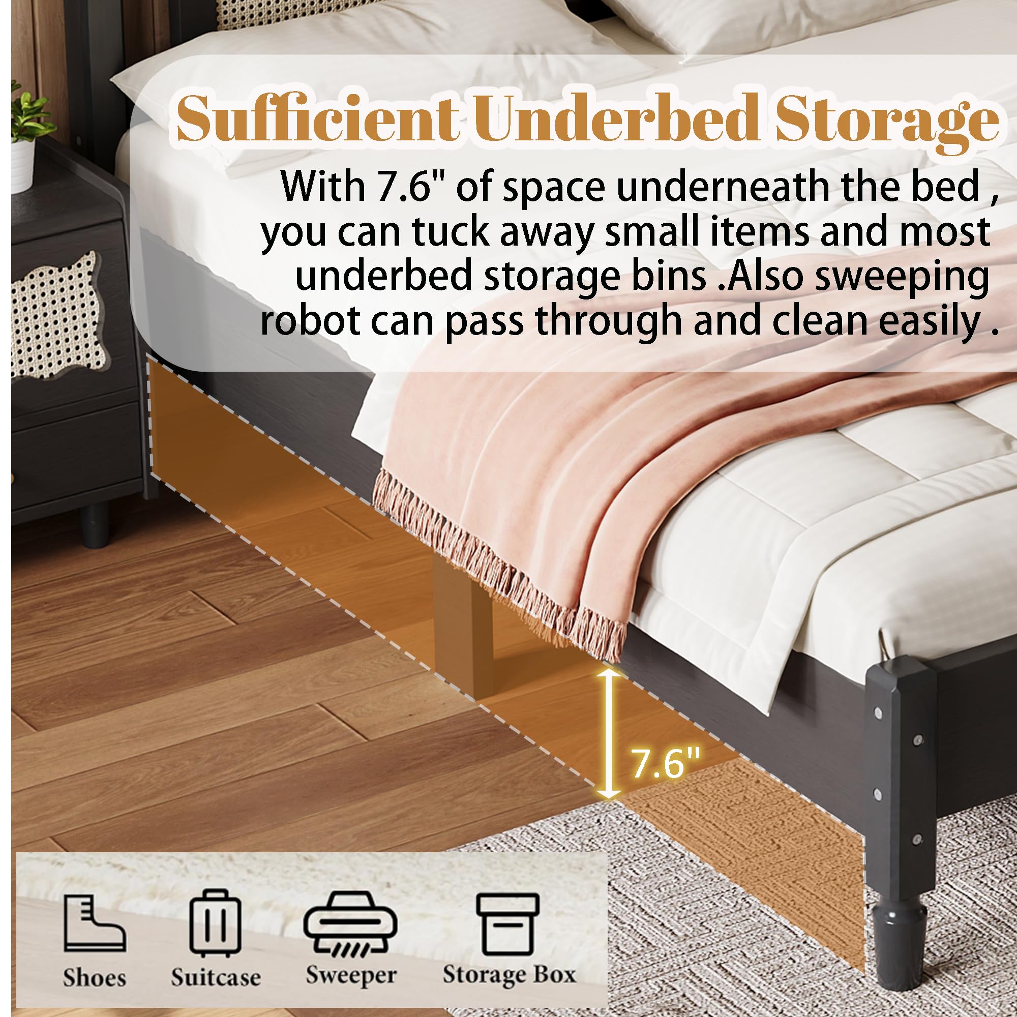 Aukfa Solid Wood Queen Size Bed Frame with Natural Rattan Headboard, Black