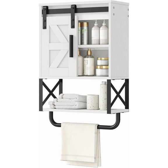 Medicine Cabinet, Farmhouse Bathroom Wall Cabinet with Sliding Barn Door, Adjustable Shelf and Towel Bar, Wall Mounted Storage Cabinet Over The Toilet for Bathroom, Kitchen, Bedroom, White