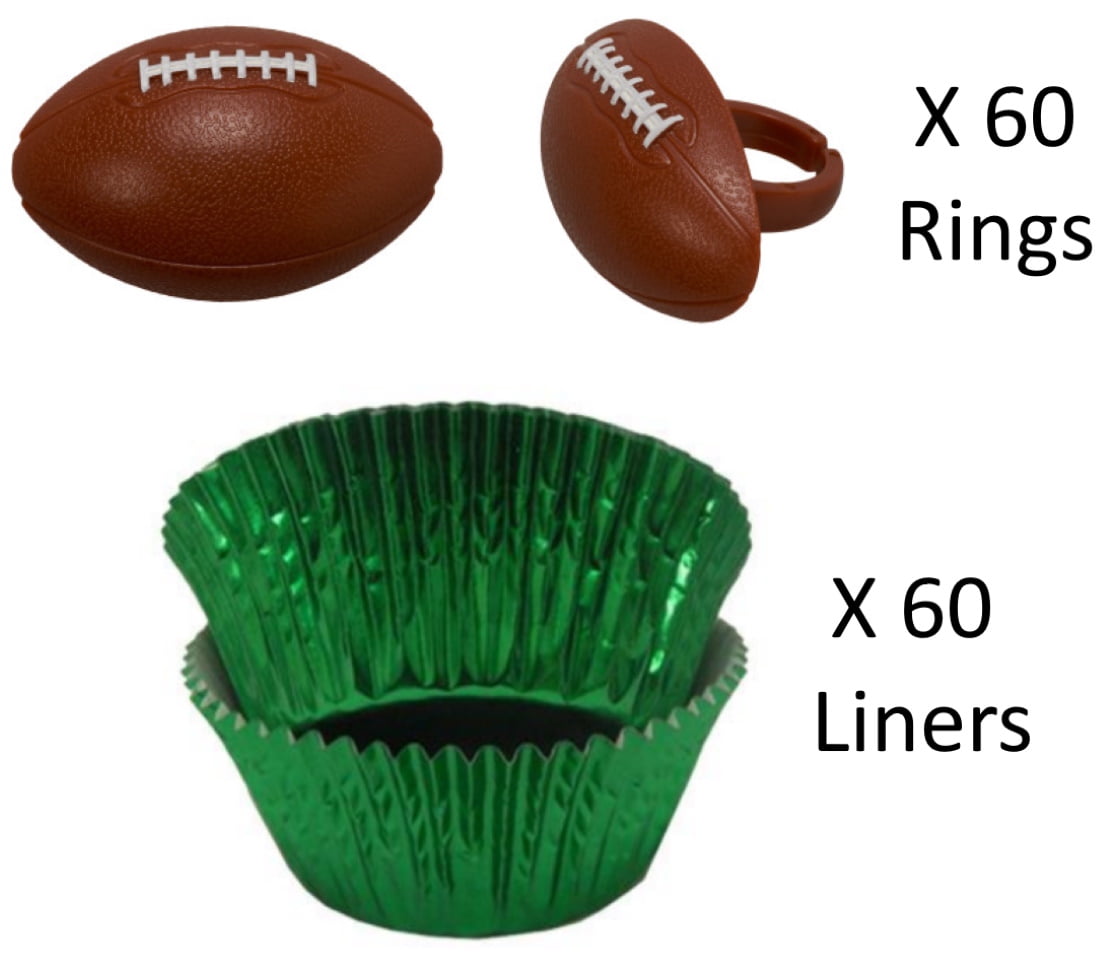 FOOTBALL Cupcake Toppers and Liners - Football Cupcake Rings with Coordinating Green Foil Baking Cups - Enough for 60 Cupcakes / The Whole Team!