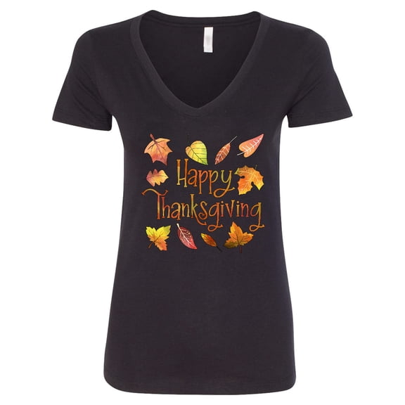 Inktastic Happy Thanksgiving Fall Leaves in Autumn Colors Women's V-Neck T-Shirt
