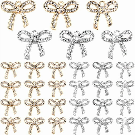 36pcs Rhinestone Bow Charms 0.7 inch Bowknot Pendants Bow Dangle Charms Cubic Zirconia Pendants for Necklace Earrings Bracelets Jewelry Making Silver Golden