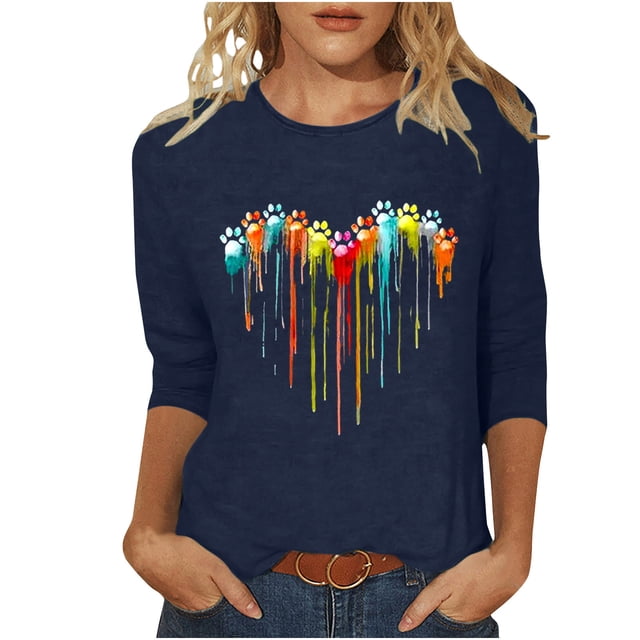 PEZHADA Blouses pour Femmes Manches 3/4 Mode Féminine Manches Trois-Quarts Col Rond Rétro Imprimé Hauts Amples Blouse Manches Trois-Quarts