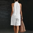 thumbnail image 5 of Women's 2 Piece Short Sets Linen Sleeve V Neck Halter Matching Short Suit Summer Casual Oversized Outfits, 5 of 6