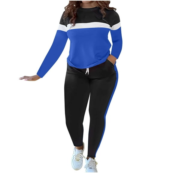 FAWUUDO Women Stripe Patchwork Two Piece Sweatsuit Round Neck Pullover and Skinny Long Pants Sets Blue