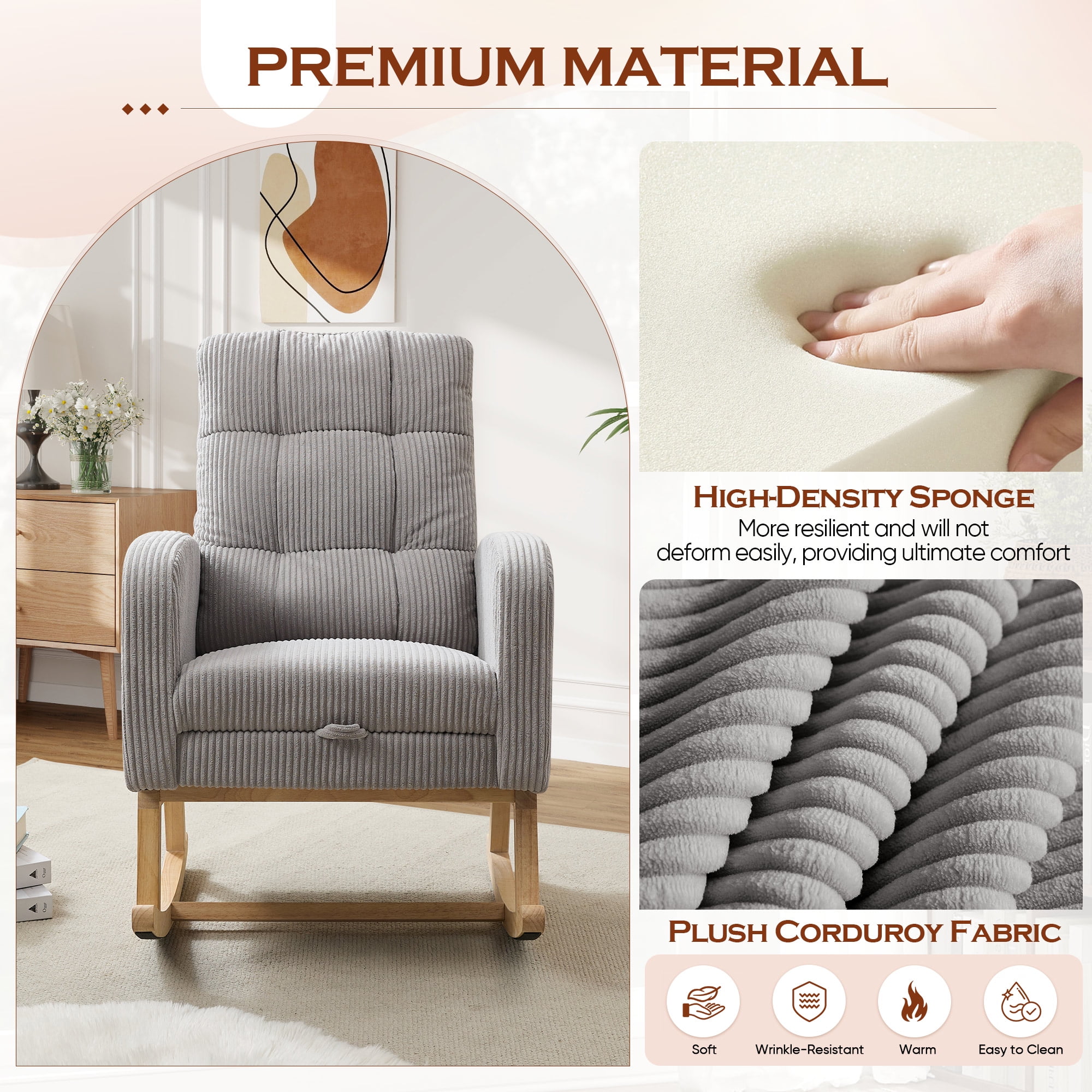 FFH Rocking Chair with Footrest, Rocking Chair for Nursey, Corduroy Armchair with High Backrest and Side Pockets, Accent Chair for Living Room, Bedroom, Gray