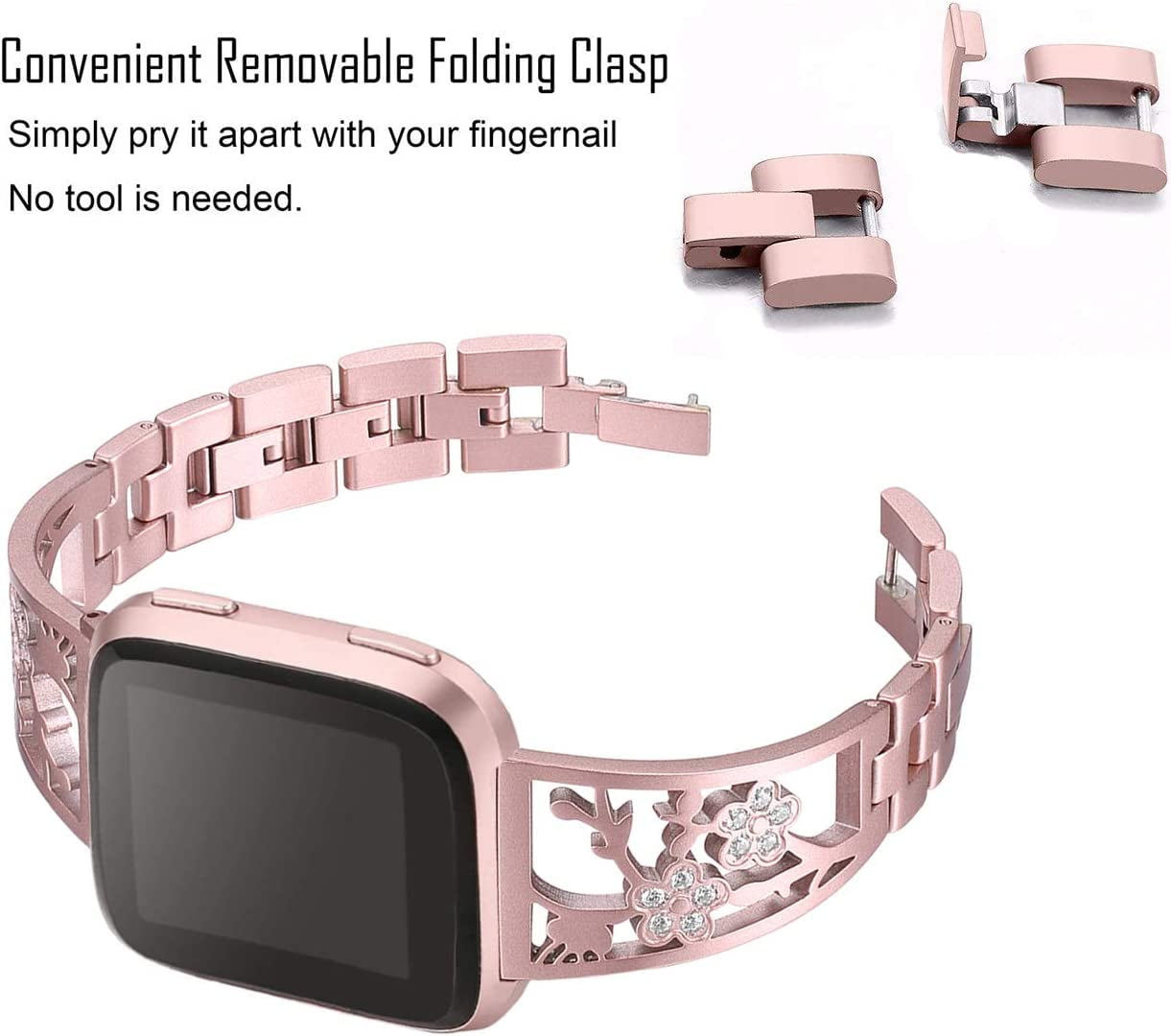 REQO Stainless Steel Bands Compatible with Fitbit Versa 2/Versa Lite/Versa for Women, Luxurious Bling Bracelet with Rhinestone Metal Wristbands