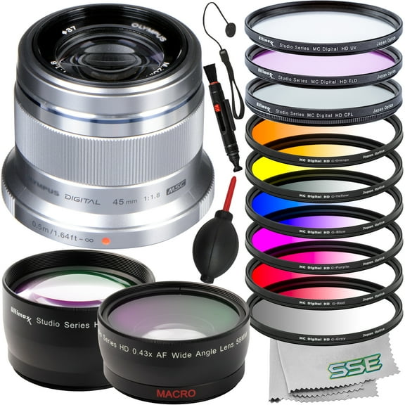 Ultimaxx Deluxe Olympus M. Zuiko Digital ED 45mm f/1.8 Lens Bundle (Silver) - Includes: 6PC Gradual Color Filter Kit, 0.43x Wide-Angle Lens Attachment & More (19pc Bundle)