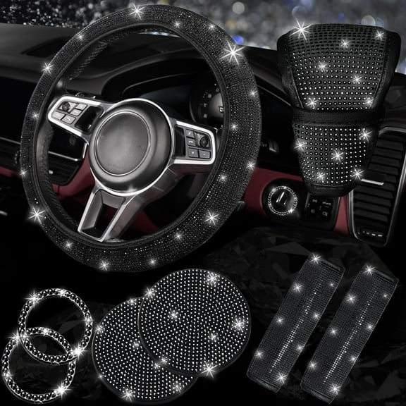 8pcs Bling Car Accessories for Women, Bling Steering Wheel Cover Bling Car Coasters Bling Set Seat Belt Shoulder Pads Ring Emblem Sticker Gear Shift Cover