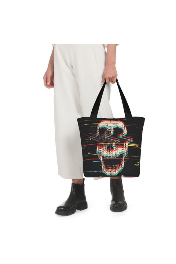 Glitch Screaming Skull Print Shoulder Bag for Women Large Capacity Zipper Tote for Shopping Beach Travel Gym with Inner Pocket