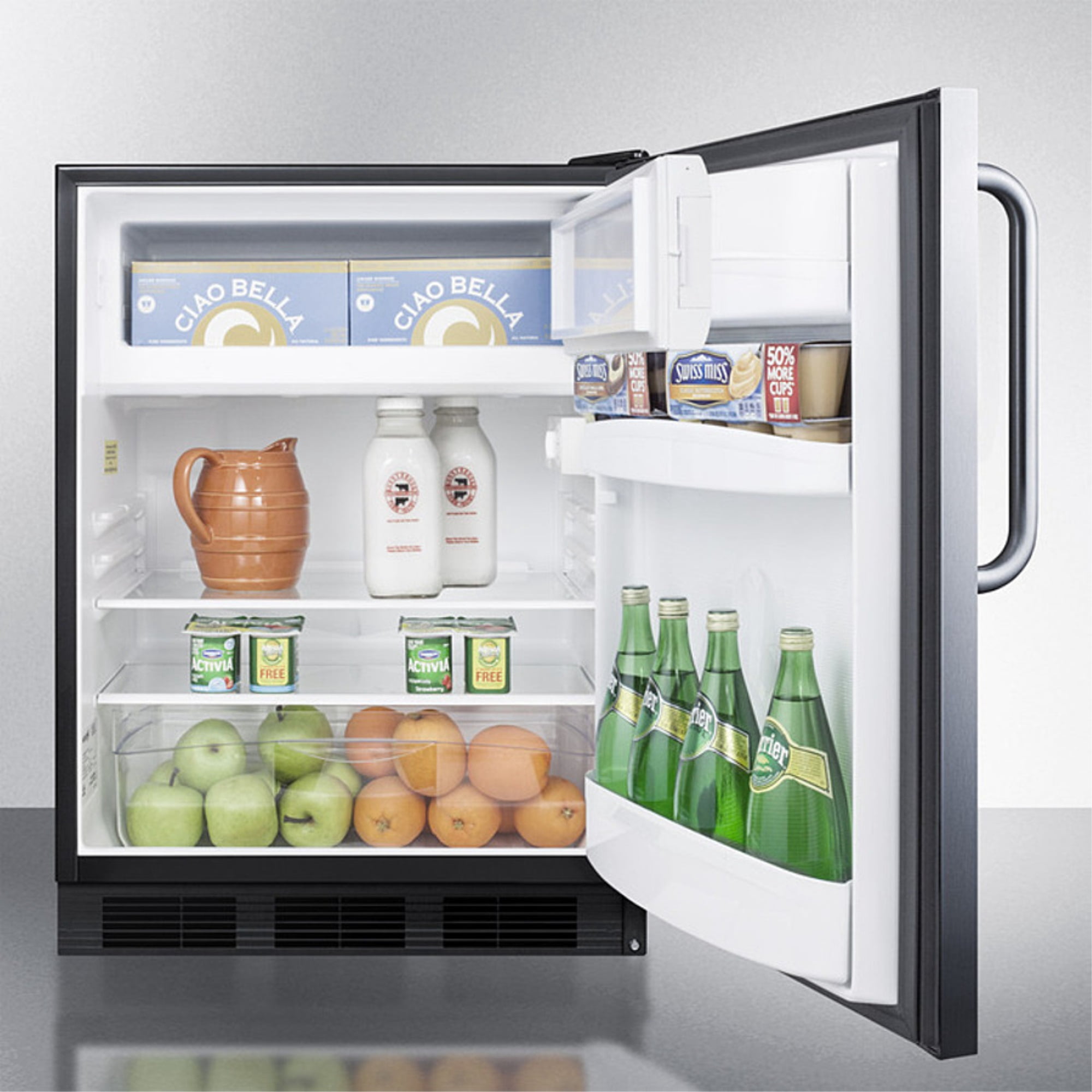 Built-in undercounter ADA compliant refrigerator-freezer for general purpose use, w/dual evaporator cooling, cycle defrost, SS door, TB handle, black cabinet