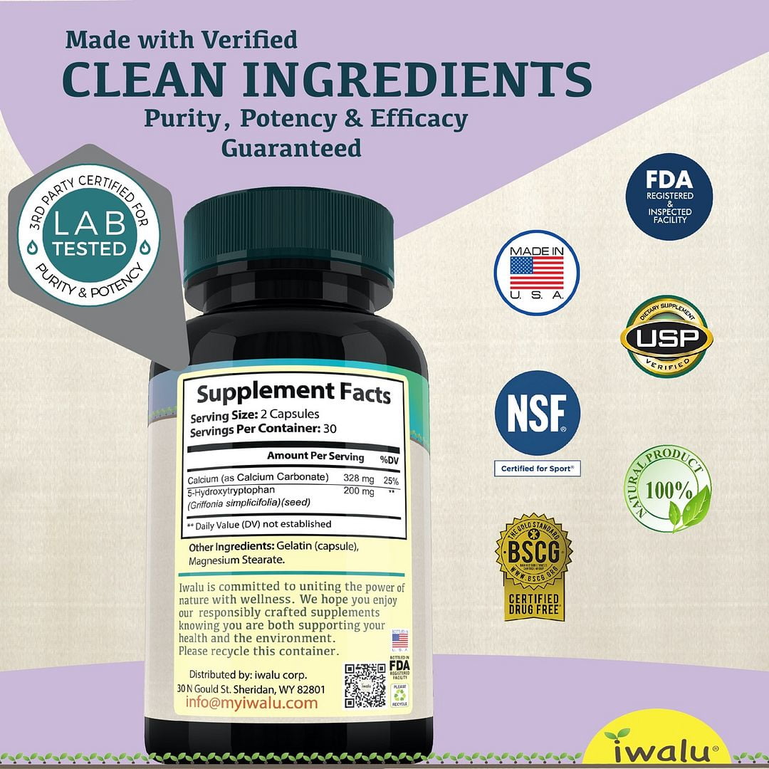iwalu 5-HTP Supplement | 5-Hydroxytryptophan - Supports Mood, Cognition & Sleep - Fast Acting - 60 Capsules | Non-GMO, NSF Certified and USA Made Dietary Supplement
