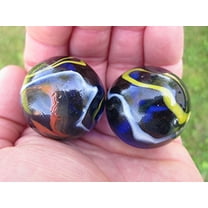 Big Game Toys~Set of 2 Michelangelo 35mm Boulder Black/Blue/red/Yellow/White Swirl Large Shooter Solid Glass Marbles
