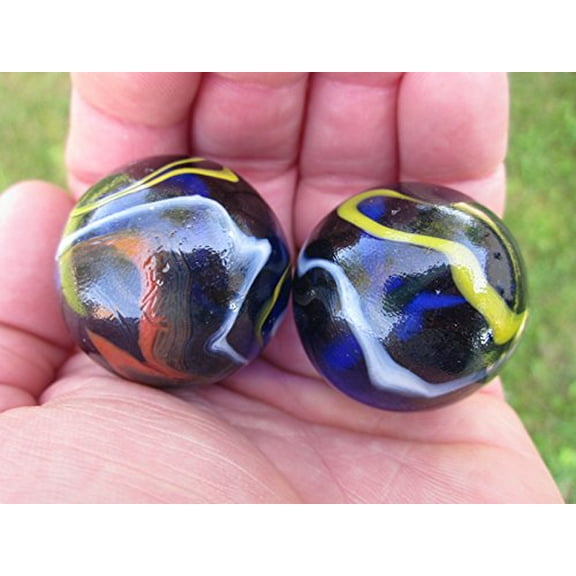 Big Game Toys~Set of 2 Michelangelo 35mm Boulder Black/Blue/red/Yellow/White Swirl Large Shooter Solid Glass Marbles