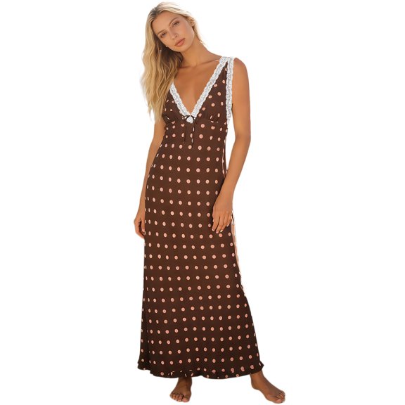 LMLYSoH Women's Dot Print Long Dress Summer Fashionable Backless Lace Trim V Neck Bodycon Dress