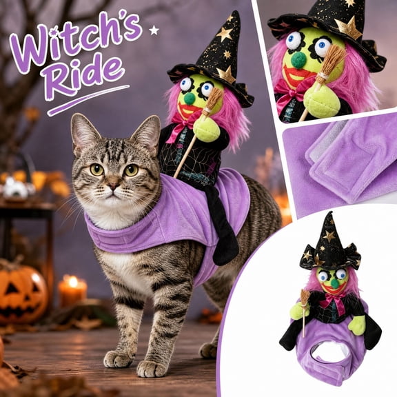 Pet Halloween Witch Rider Costume, Funny 3D Plush Witch Riding Design Outfit, Comfortable Purple Pet Apparel For Cats And Small Dogs Holiday Dress‑Up