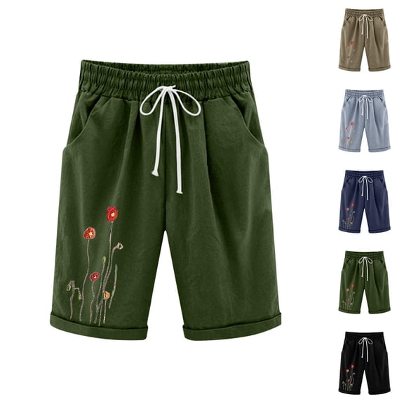 Cotton Linen Shorts for Women Lightweight Casual Elastic Waist Straight Leg Wildflower Print Knee Length Shorts with Pockets