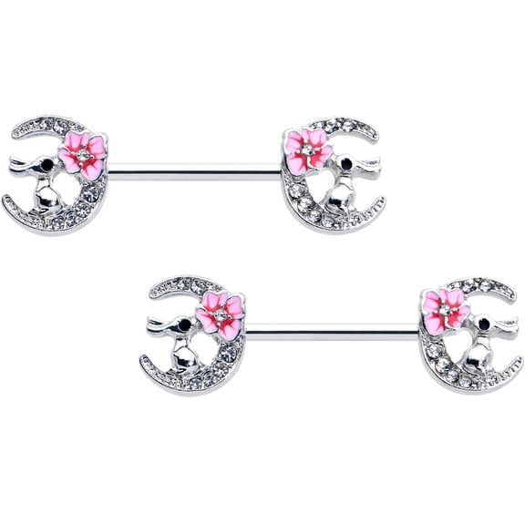 Body Candy 14G Womens Nipplerings Piercing 316L Stainless Steel 2Pc Rabbit on Moon Pink Mens Nipple Ring Set 9/16"