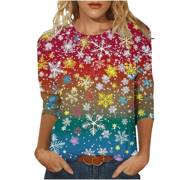 Christmas Tree Snowflake Shirt for Women Long Sleeve Casual Top Holiday Graphic Tee Winter Xmas Party Outfit
