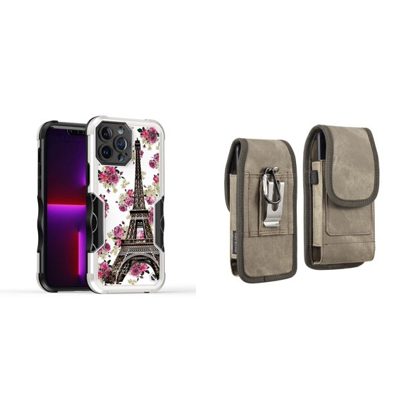 Case and Pouch Bundle for iPhone 14: Heavy Duty Armor Rugged Case (Eiffel Tower Flowers) and Vertical Rugged Denim Nylon Belt Holster (Brown)
