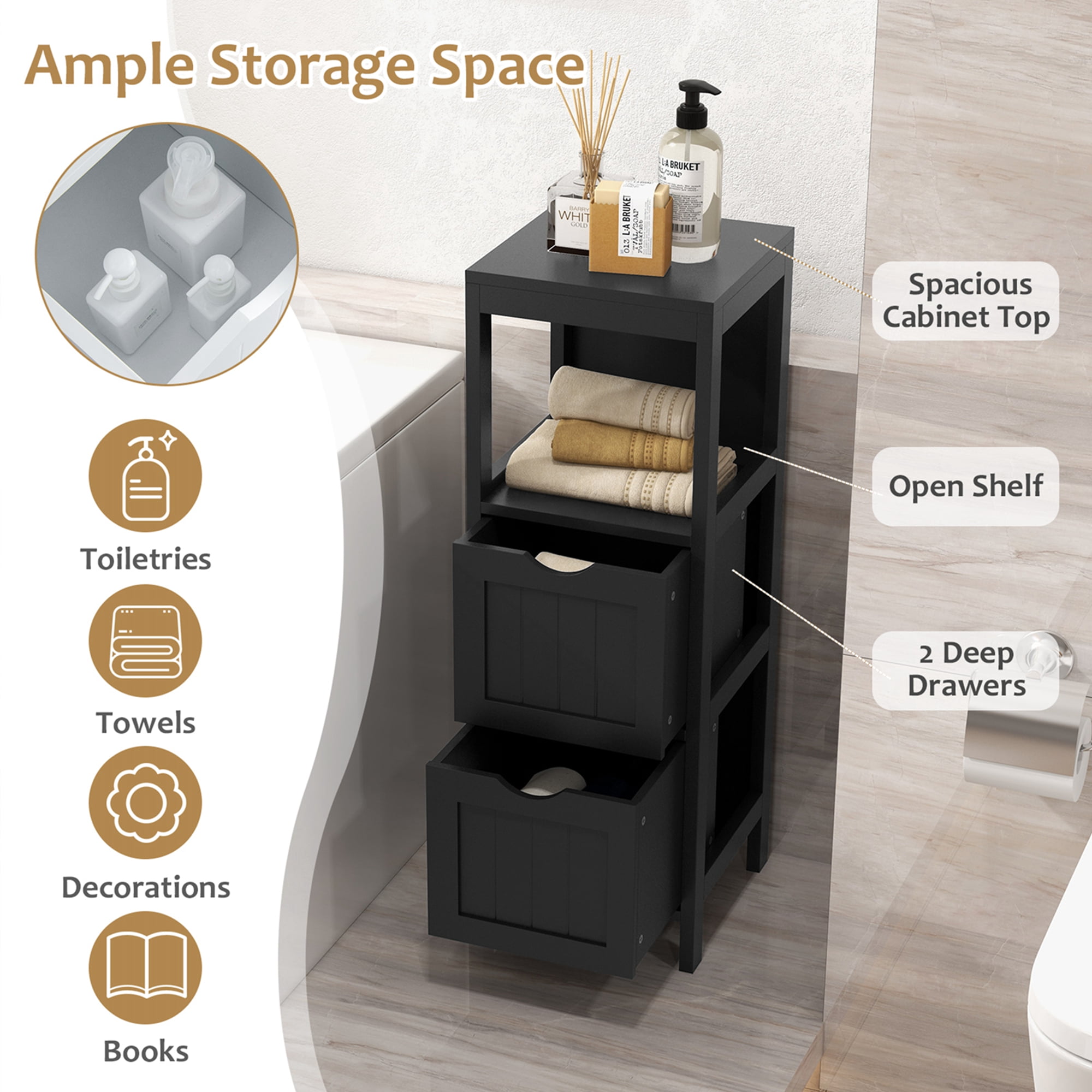 Costway Bathroom Floor Cabinet Freestanding Side Storage Organizer with 2 Removable Drawers Black