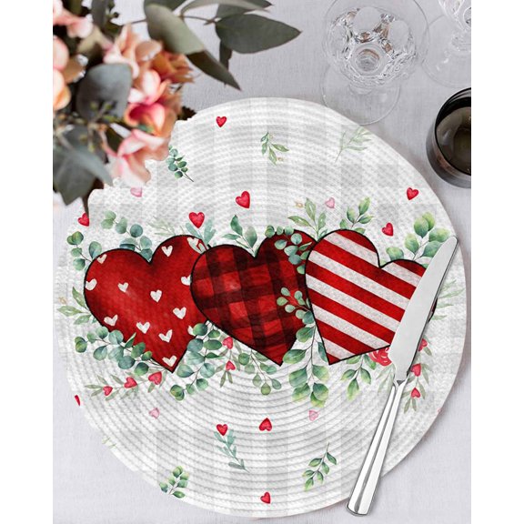 13 Inch Round Placemats Set of 6, Valentine's Day Non Slip Heat Insulation PP Table Mats, Red Striped Love Eucalyptus Grey Plaid Washable Place Mats for Kitchen Dining Party Table Decor