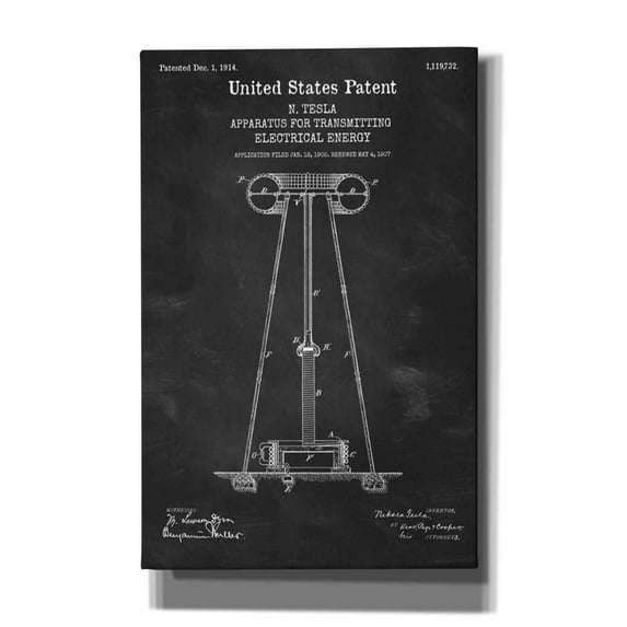 Epic Graffiti "Tesla Apparatus for Transmitting Electrical Energy Blueprint Patent Chalkboard" Giclee Canvas Wall Art, 26"x40"