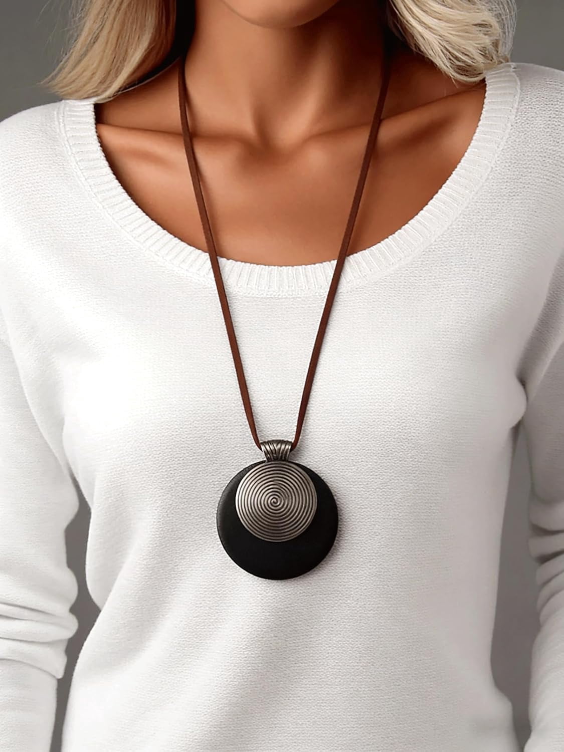 Vintage Leather Necklace for Women Men Handmade Boho Alloy Turquoise Wood Choker Pendant Necklaces with Long Adjustable Leather Cord[k1475]