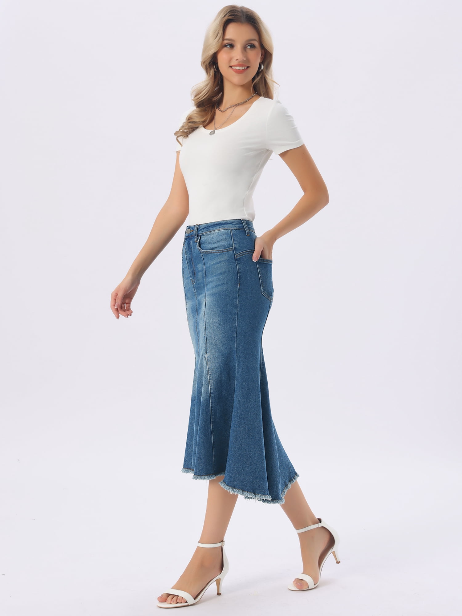 DARING DIVA Women's Raw Hem Fishtail Midi Skirt with Pockets Large Dark Blue