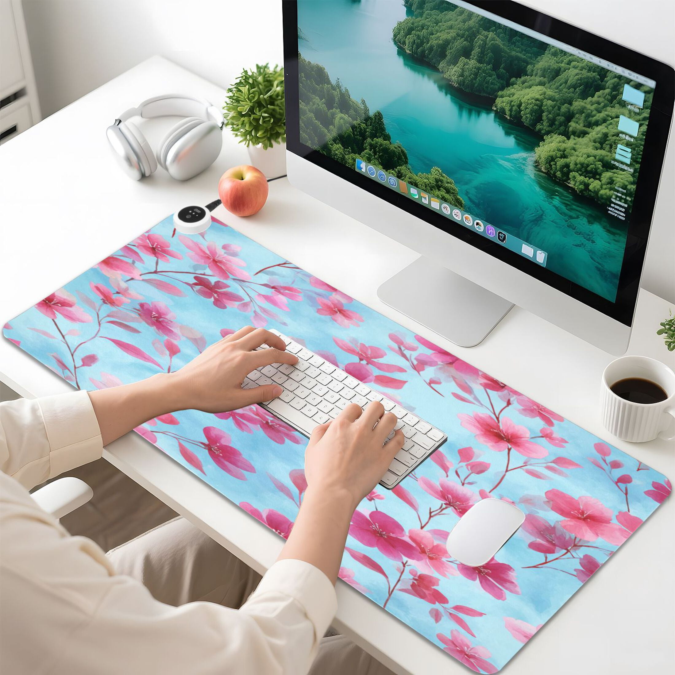 Large Heated Desk Mat Mouse Pad 31.5"x13"PU Leather Graphene Heating Desk Warmer with 3 Temperature Settings 110V US Plug Non-Slip Warm Pad for Home, Office, and Gaming Cute Pink Delicate Flowers