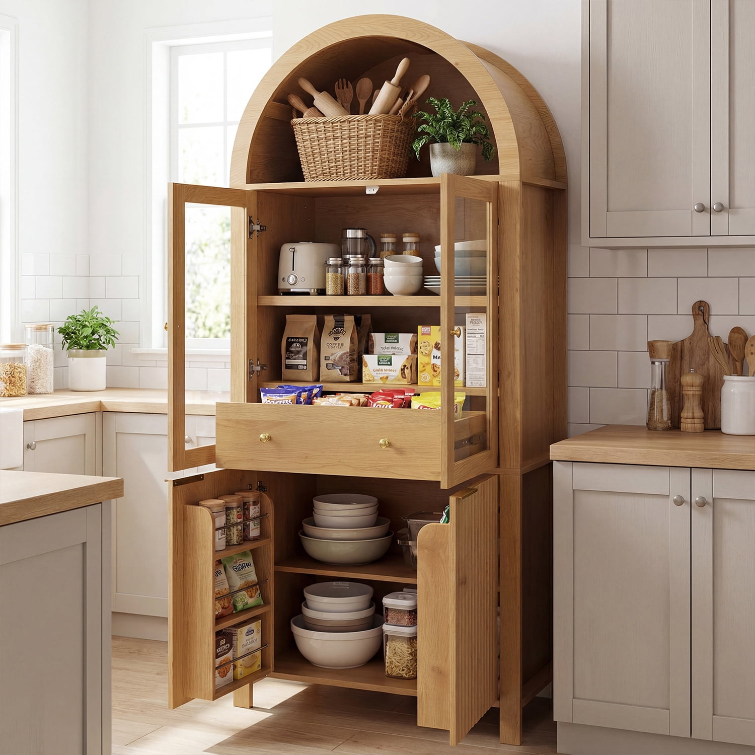 Mintazer 71" Fluted Tall Arched Kitchen Pantry Cabinet with Adjustable Shelves, Freestanding Storage Cabinet with Glass Doors & Drawer for Kitchen Living Room Dining Room, Natural