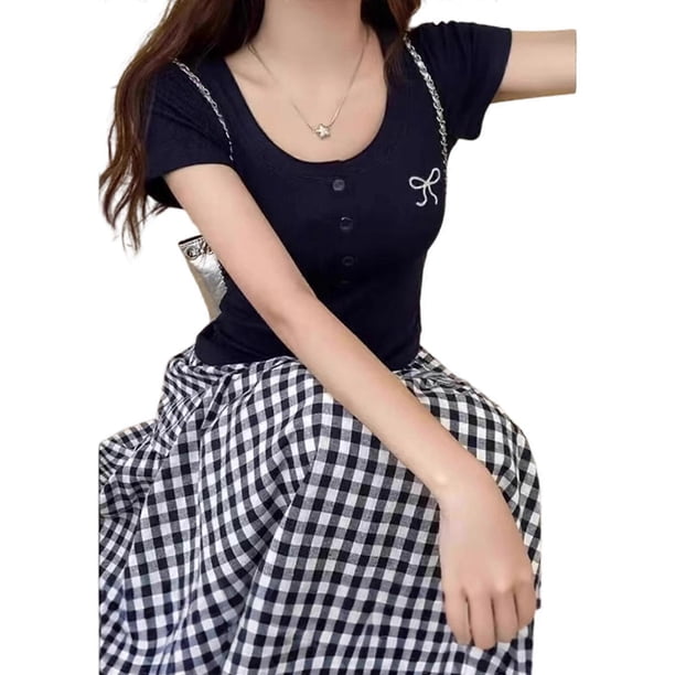 Women's Casual Short Sleeve Button Tee Bows Embroidered Accent Slim Fit T-Shirt Solid Color Ribbed Crop Top Bouse White L