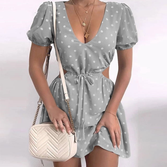 Qiopertar Liquidation à Moins de 5$ Robe Mode Femme Sexy Imprimée Col en V Taille Creuse Manches Courtes Mini Robe Liquidation jusqu'à 65 % de Réduction