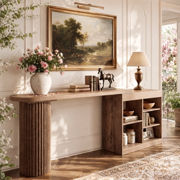 95 Inch Extra Long Console Table with 360 Degree Rotating Open Storage Shelves, Fluted Pedestal Entryway Table, Rustic Sofa Table for Living Room, Hallway, Foyer, and Entrance