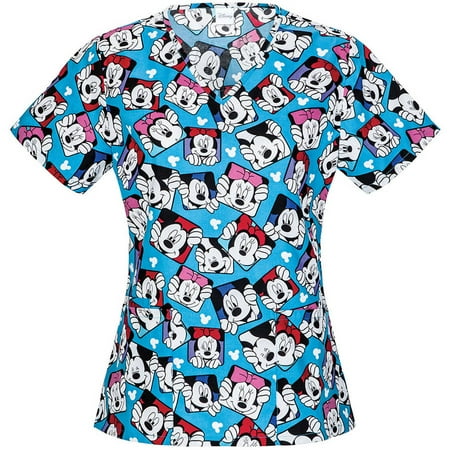 Disney Women's Fashion Collection Peek-A-Boo Mickey V-Neck Scrub Top