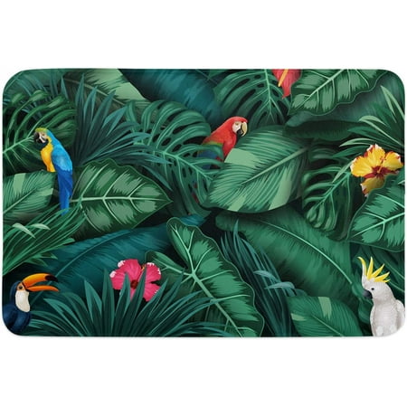 

Summer Floral Door Mat Anti-Skid Welcome Mat Absorbent Floor Mat Front Doormat for Kitchen Bathroom Entryway Patio High Traffic Areas Green Tropical Plants and Parrots 24x16 Inch