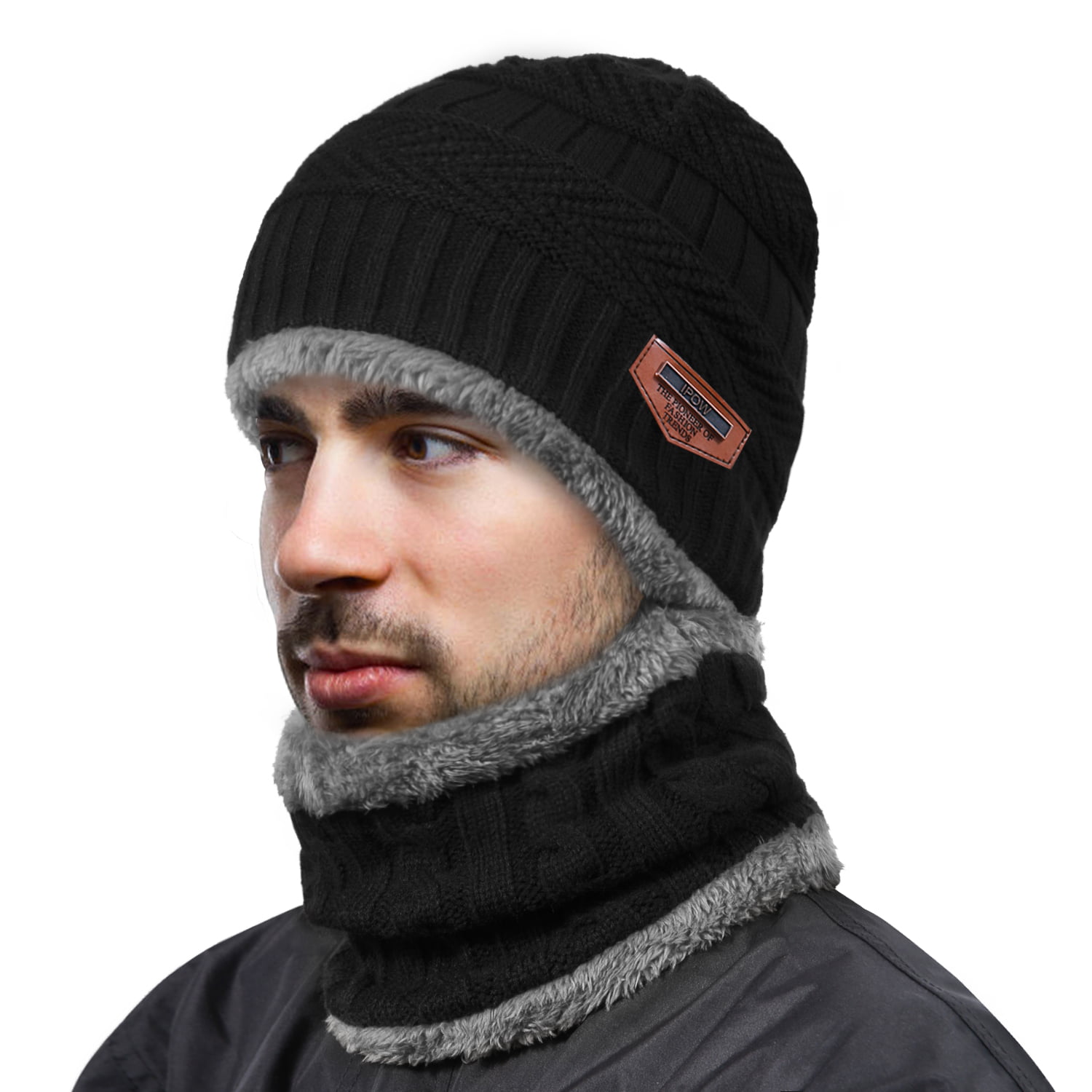 Thick Fleece Lined Warm Knit Ski Skull Cap Men Winter Beanie Hat Scarf Gloves Set